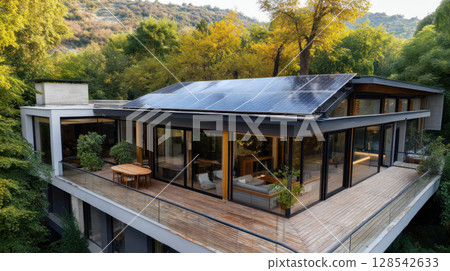 Solar panels installed on the roof of an eco-friendly modern home, surrounded by greenery. The concept of an alternative energy source, energy saving, careful attitude to our planet Earth. 128542633