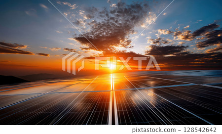 Solar farm and sunlight at sunset. Solar power for green energy. Sustainable renewable energy. Photovoltaic power plant or solar park. Solar panel installation and maintenance concept. Energy 128542642