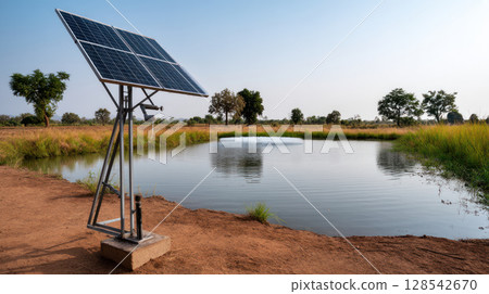 Water pumps and solar panels. Groundwater is pumped with a submersible pump from clean energy or solar energy converted to electric energy on an agricultural farm 128542670