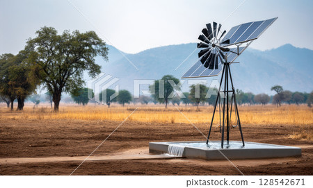Water pumps and solar panels. Groundwater is pumped with a submersible pump from clean energy or solar energy converted to electric energy on an agricultural farm 128542671