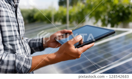 Specialist technician professional engineer with laptop and tablet maintenance checking installing solar roof panel on the factory rooftop under sunlight. Engineers team survey check solar panel roof. 128542683