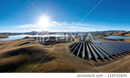 Solar farm and sun light. Solar power for green energy. Sustainable renewable energy. Photovoltaic power station or solar park. Solar panel installation and maintenance concept. Energy sustainability. 128542684