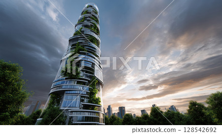 Solar panels on a modern rooftop city skyline. alternative energy source, energy saving, careful attitude to our planet Earth. Ecological energy renewable solar panel plant urban modern building 128542692