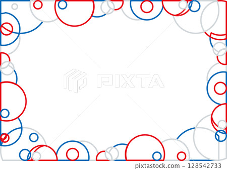 Beautiful line drawing frame made of circles, white background, red, blue and grey, geometric pattern 128542733