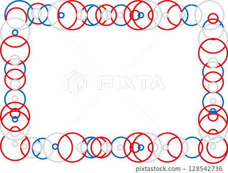 Beautiful line drawing frame made of circles, white background, red, blue and grey, geometric pattern Beautiful line drawing frame made of circles, white background, red, blue and grey, geometric pattern 128542736