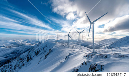 On a cold winter day, giant wind turbines standing on the snowy hillside with hiking paths on the slpoe and majestic alpine mountains under blue sky in background 128542747