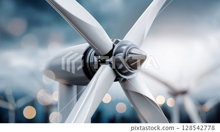 Close-up of a wind turbine blade in motion, futuristic detailing, dynamic lighting. Turbine Blades, High Precision Engineering. Large Fan Stack Layer Metal Part Rotor In Jet Engine Or Steam Power Close-up of a wind turbine blade in motion, futuristic detailing, dynamic lighting. Turbine Blades, High Precision Engineering. Large Fan Stack Layer Metal Part Rotor In Jet Engine Or Steam Power 128542778