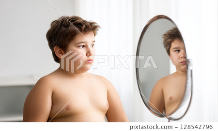 A young boy with obesity looking in the mirror, unsure about his body image 128542796