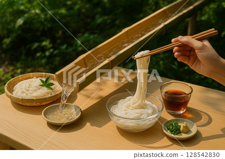 流水素面順著竹子流下的特寫鏡頭 128542830