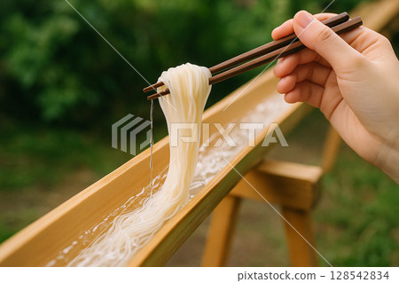 流水素面順著竹子流下的特寫鏡頭 流水素面順著竹子流下的特寫鏡頭 128542834