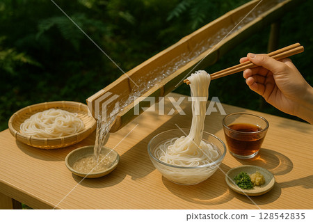 流水素面順著竹子流下的特寫鏡頭 流水素面順著竹子流下的特寫鏡頭 128542835