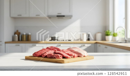 Meat on the cutting board on white table, kitchen background	 128542911