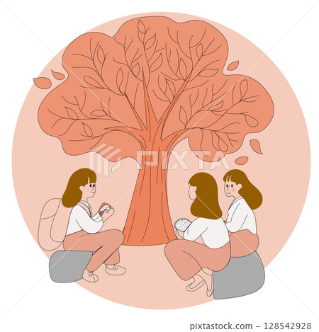 Flat vector line illustration, group of students having bento lunch under tree, falling leaves, line art simplicity Flat vector line illustration, group of students having bento lunch under tree, falling leaves, line art simplicity 128542928
