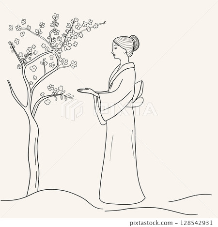Japan women near blooming sakura, line art vector, traditional clothes, vintage style geisha flat Japan women near blooming sakura, line art vector, traditional clothes, vintage style geisha flat 128542931