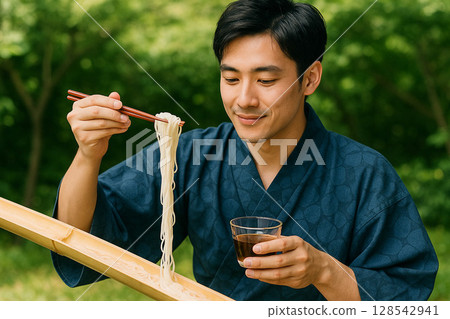 Close-up of Nagashi Somen noodles flowing down bamboo Close-up of Nagashi Somen noodles flowing down bamboo 128542941