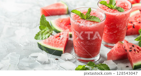 Refreshing watermelon smoothie served in glasses, garnished with mint leaves, surrounded by fresh watermelon slices and ice cubes for a vibrant summer drink 128543047