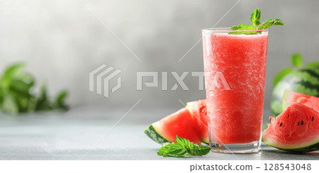Refreshing watermelon smoothie in a tall glass garnished with mint leaves, surrounded by fresh watermelon slices on a light background Refreshing watermelon smoothie in a tall glass garnished with mint leaves, surrounded by fresh watermelon slices on a light background 128543048