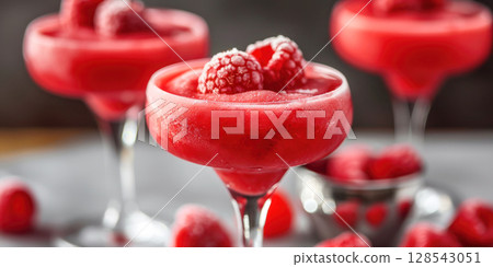 Refreshing frozen raspberry cocktails served in elegant glasses, garnished with fresh raspberries, perfect for summer gatherings and celebrations 128543051