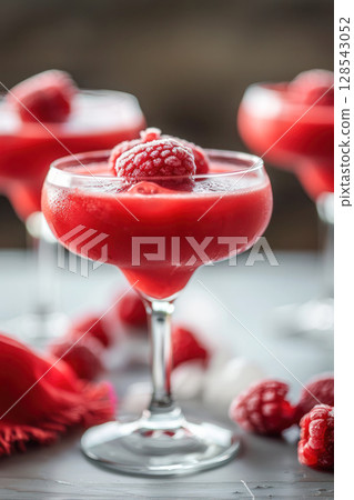 Refreshing Raspberry Daiquiri cocktail served in elegant glassware, garnished with fresh raspberries, showcasing vibrant colors and inviting presentation 128543052