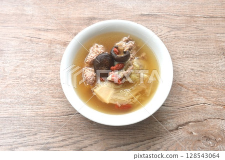 boiled cabbage stuffed mashed pork with glass noodles topping mushroom n soup on bowl 128543064