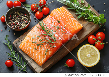 Fresh salmon fillet garnished with herbs and spices on a wooden cutting board, surrounded by cherry tomatoes and lemon slices for culinary presentation 128543100