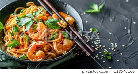 Delicious shrimp noodles served in a black bowl with fresh herbs and sesame seeds, showcasing vibrant colors and appetizing textures 128543166