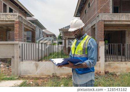 A construction worker in a safety vest and helmet is examining blueprint at a residential building site. Newly built structure surround him, showcasing ongoing construction work. A construction worker in a safety vest and helmet is examining blueprint at a residential building site. Newly built structure surround him, showcasing ongoing construction work. 128543182