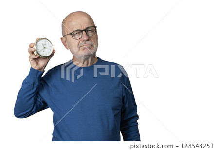a man with an old alarm clock a man with an old alarm clock 128543251