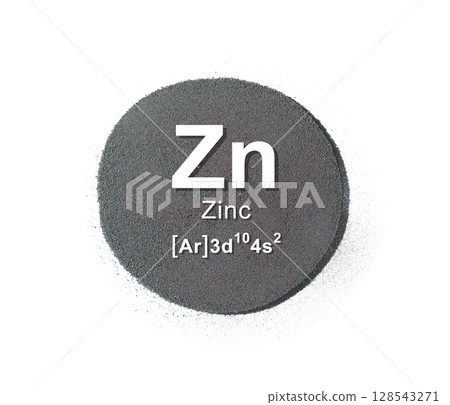 Chemical ingredient on white laboratory table. Zinc Powder with Symbol, Name and Electron Configuration. Chemical ingredient on white laboratory table. Zinc Powder with Symbol, Name and Electron Configuration. 128543271