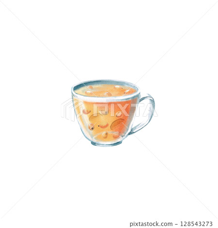 Glass mug with warming sea buckthorn and ginger tea. Isolated watercolor illustration in realistic style for design of juices, drinks, teas, tea card, printing on postcards, fabric and textiles. 128543273
