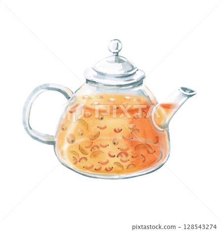 Glass teapot with warming sea buckthorn and ginger tea. Isolated watercolor illustration in realistic style for design of juices, drinks, teas, tea card, printing on postcards, fabric and textiles. 128543274