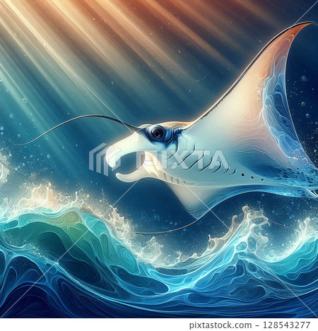 一隻優雅的蝠魟沐浴在陽光下 一隻優雅的蝠魟沐浴在陽光下 128543277