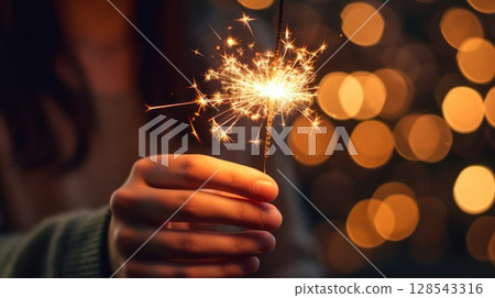 Close-up of a hand holding a glowing sparkler with golden bokeh lights in the background, symbolizing celebration, warmth, holiday cheer, and festive ambiance 128543316