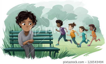 A child sitting on a bench in a park, looking unhappy while other children run around playing A child sitting on a bench in a park, looking unhappy while other children run around playing 128543494