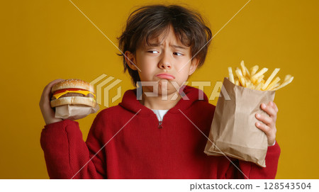 A child holding a fast-food burger and fries, looking unhappy about their weight 128543504