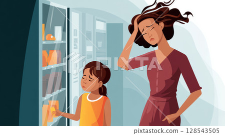 A child choosing a sugary snack at a vending machine, with a parent shaking their head in disapproval 128543505