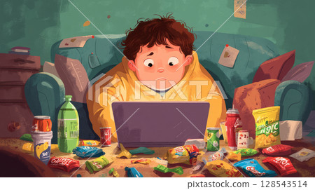 An overweight child looking at a screen with a concerned expression, surrounded by food wrappers 128543514