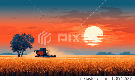 Harvester in the wheat field 128543527