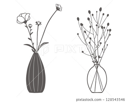 Hand-drawn line drawing illustration of flowers in a vase 128543546