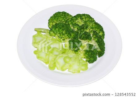 Fresh, beautiful green broccoli cut into bite-sized pieces and boiled, served on a plate (transparent background) Fresh, beautiful green broccoli cut into bite-sized pieces and boiled, served on a plate (transparent background) 128543552