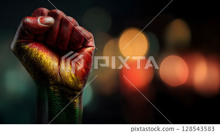 Hand is clenched into a fist, proudly raised up, Pan-African colors, June 19th Juneteenth day, Kwanzaa. Red, black, yellow and green colors. Africa Day. Hand is clenched into a fist, proudly raised up, Pan-African colors, June 19th Juneteenth day, Kwanzaa. Red, black, yellow and green colors. Africa Day. 128543583