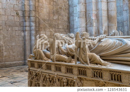 Alcobaca, Portugal - Mar 08, 2025: The tomb of king Pedro I in the Alcobaca Monastery at Alcobaca, Portugal Alcobaca, Portugal - Mar 08, 2025: The tomb of king Pedro I in the Alcobaca Monastery at Alcobaca, Portugal 128543631