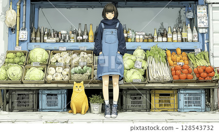 蔬菜水果店賣菜的女人的插畫素材 蔬菜水果店賣菜的女人的插畫素材 128543732