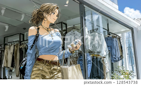 一位女士享受購物的插圖素材 一位女士享受購物的插圖素材 128543738