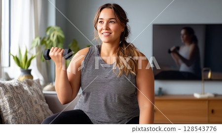 A plus-size woman working out in her living room, following a fitness video on her TV. 128543776