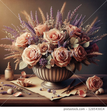 玫瑰和薰衣草的柔和香味 128543814