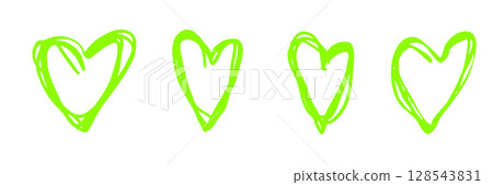 Hand-drawn neon yellow-green scrawl hearts in a doodle style 128543831