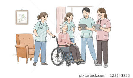 Illustration of a team of caregivers and users working together in a bright and clean nursing facility 128543833