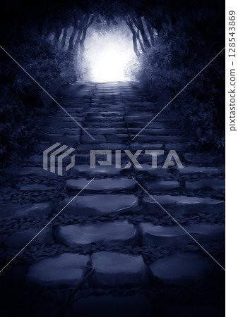 A landscape illustration of a mossy stone staircase in a dimly lit mountain with a shining light at the end 128543869
