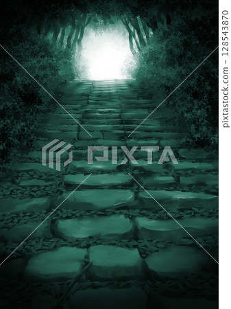 Landscape illustration of a mossy stone staircase in a dimly lit mountain with a shining light at the end, green 128543870